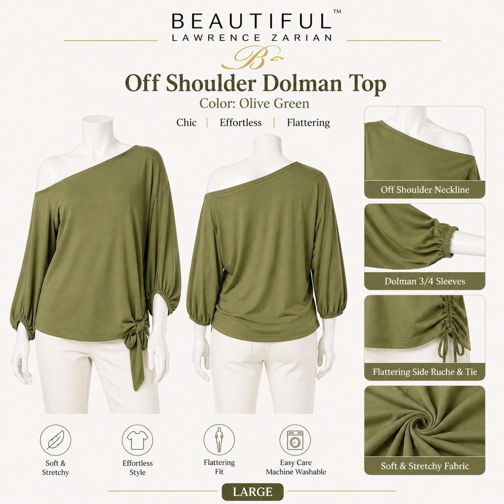 Beautiful by Lawrence Zarian Womens Large Off-Shoulder Dolman Top Olive‎ Green